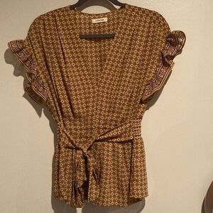 Max Studio Geometric Brown Blouse with Ruffle Sleeves